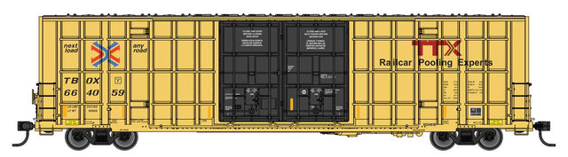 60' High Cube Plate F Horizontal Post Boxcar - Ready to Run -- TTX TBOX #664059 (yellow, black, Standard Lettering)