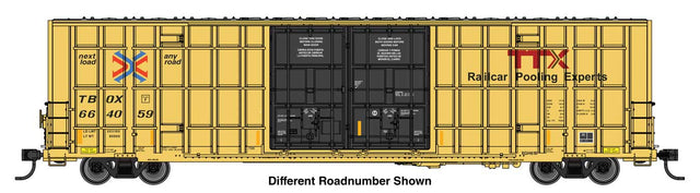 60' High Cube Plate F Horizontal Post Boxcar - Ready to Run -- TTX TBOX #664172 (yellow, black, Standard Lettering)