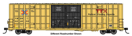 60' High Cube Plate F Horizontal Post Boxcar - Ready to Run -- TTX TBOX #664211 (yellow, black, Standard Lettering)