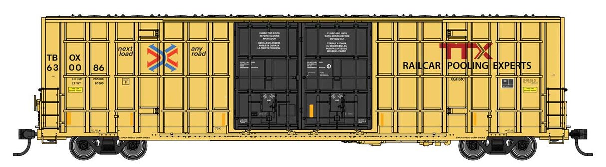 60' High Cube Plate F Horizontal Post Boxcar - Ready to Run -- TTX TBOX #630086 (yellow, black, High Lettering).