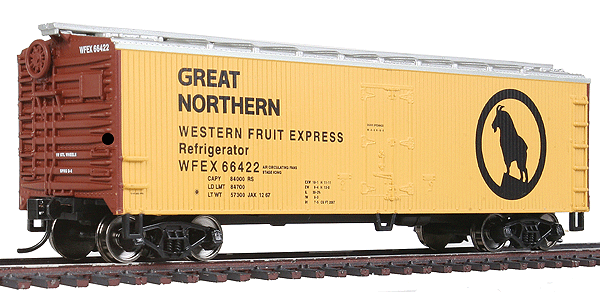 40' Double Sheathed Reefer w/Steel Roof/Ends - Ready to Run -- Great Northern (WFEX) #66422 (yellow, black, Large Rocky Profile Logo)
