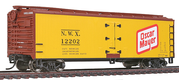 40' Double Sheathed Reefer w/Steel Roof/Ends - Ready to Run -- Oscar Mayer NWX #12202 (yellow, Large Logo)
