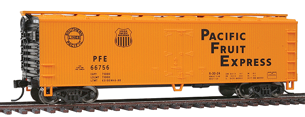40' Double Sheathed Reefer w/Steel Roof/Ends - Ready to Run -- Pacific Fruit Express #66756 (orange, black, black UP & SP Lines Logos)