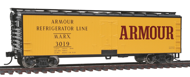 40' Double Sheathed Reefer w/Steel Roof/Ends - Ready to Run -- Armour Refrigerator Line #3019 (yellow, Boxcar Red, Billboard Lettering)