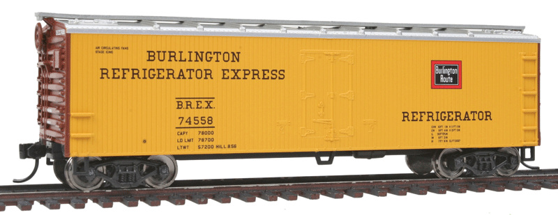 40' Double Sheathed Reefer w/Steel Roof/Ends - Ready to Run -- Burlington Refrigerator Express BREX #74558 (yellow, Boxcar Red, silver)