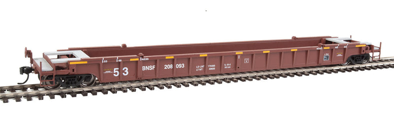NSC Stand-Alone 53' Well Car - Ready to Run -- BNSF Railway #208093 (brown, Yellow Conspicuity Stripes)-1