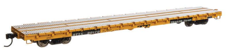 60' Pullman-Standard Flatcar - Ready to Run -- Trailer-Train OTTX #90170 (Farm machinery; yellow, black, white)-1