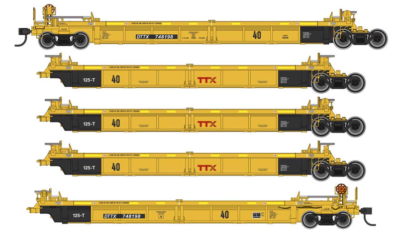 Thrall 5-Unit Rebuilt 40' Well Car - Ready to Run -- TTX DTTX #748198 A-E (yellow, black, small red logo, yellow conspicuity stri-1