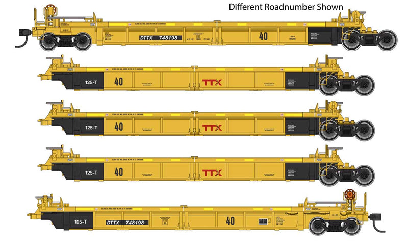 Thrall 5-Unit Rebuilt 40' Well Car - Ready to Run -- TTX DTTX #748241 A-E (yellow, black, small red logo, yellow conspicuity stri-1
