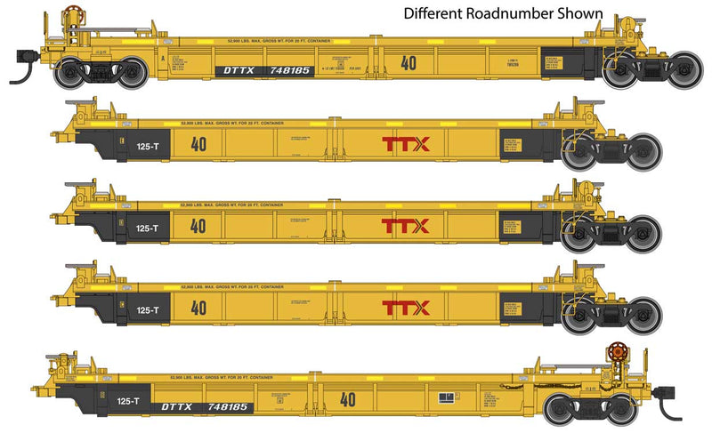 Thrall 5-Unit Rebuilt 40' Well Car - Ready to Run -- TTX DTTX #748410 A-E (yellow, black, large red logo, yellow conspicuity stri-1