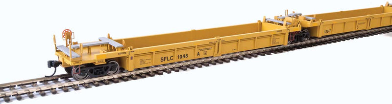 Thrall 5-Unit Rebuilt 40' Well Car - Ready to Run -- Santa Fe Leasing SFLC #1048 A-E (yellow, black, yellow conspicuity stripes)-1