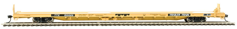 89' Channel Side Flatcar - Ready-To-Run -- Trailer-Train #150029 (yellow, black; 40' Trailer Service)-1