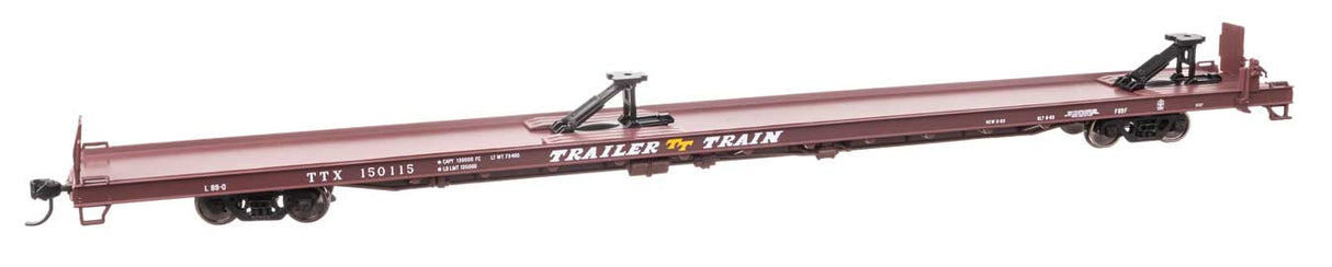 89' Channel Side Flatcar - Ready to Run -- Trailer-Train #150115 (1960s Brown, 40' Trailer Service)-1