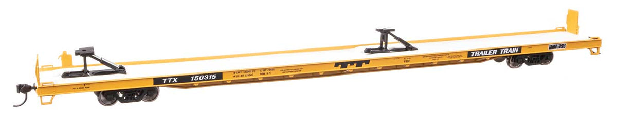89' Channel Side Flatcar - Ready to Run -- Trailer-Train #150315 (yellow, black; 40' Trailer Service)-2