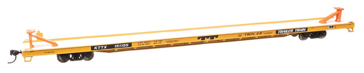 89' Channel Side Flatcar - Ready to Run -- Trailer-Train KTTX #151155 (yellow, black; Twin 45')-2