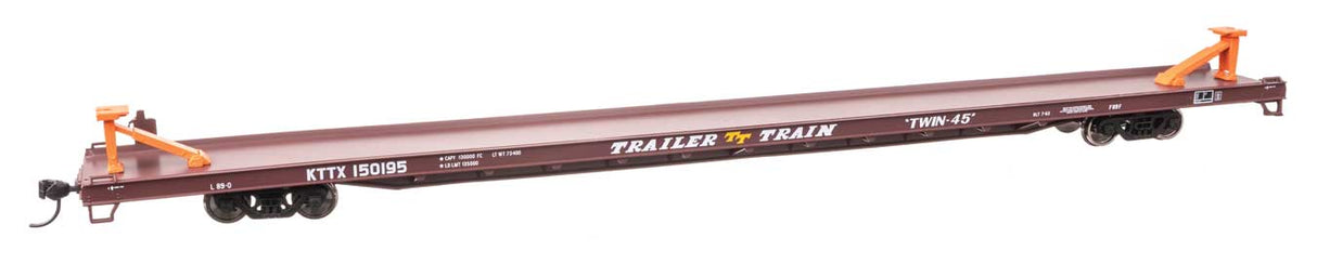 89' Channel Side Flatcar - Ready to Run -- Trailer-Train KTTX #150195 (1960s brown, Twin 45')-2