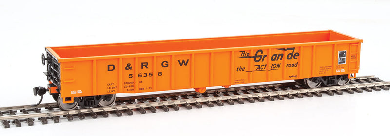 53' Thrall Smooth-Side Gondola - Ready to Run -- Denver & Rio Grande Western #56358 (orange, black; "The Action Road" Sloga-1