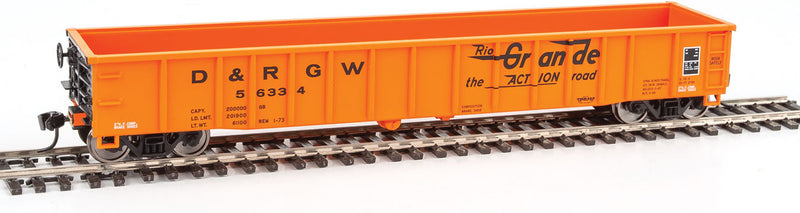 53' Thrall Smooth-Side Gondola - Ready to Run -- Denver & Rio Grande Western #56334 (orange, black; "The Action Road" Sloga-1