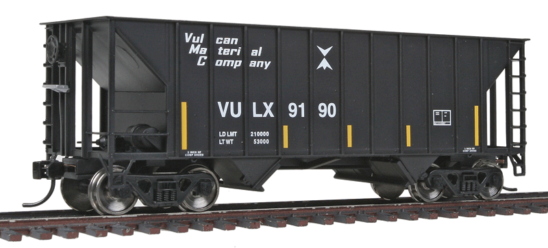 34' 100-Ton 2-Bay Hopper - Ready To Run -- Vulcan Materials Co. #9190 (black, white, yellow Conspicuity Stripes)
