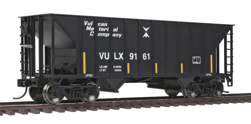 34' 100-Ton 2-Bay Hopper - Ready To Run -- Vulcan Materials Co. #9161 (black, white, yellow Conspicuity Stripes)