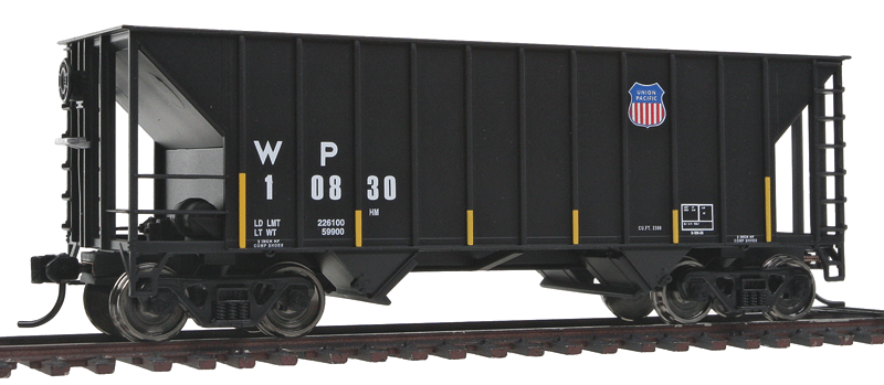 34' 100-Ton 2-Bay Hopper - Ready To Run -- Union Pacific(R)/WP(TM) #10830 (black, white Conspicuity Stripes)