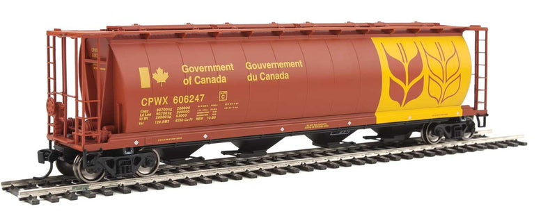 59' Cylindrical Hopper, Trough Hatches - Ready to Run -- Canadian Wheat Board CPWX #606247 (brown, yellow; Double Wheat Sheaf)-1