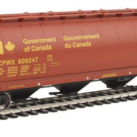 59' Cylindrical Hopper, Trough Hatches - Ready to Run -- Canadian Wheat Board CPWX #606247 (brown, yellow; Double Wheat Sheaf)