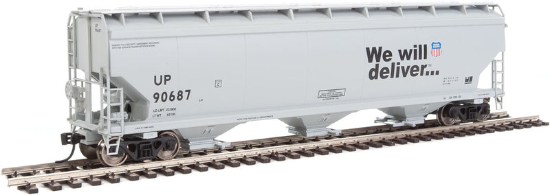 60' NSC 5150 3-Bay Covered Hopper - Ready to Run -- Union Pacific(R) #90687 (gray, black; Shield Logo, "We Will Deliver" Sloga-1