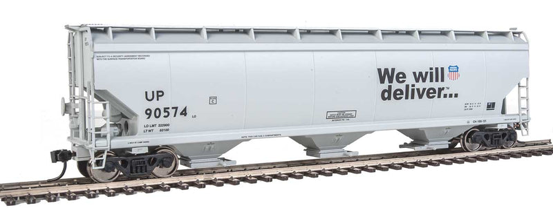 60' NSC 5150 3-Bay Covered Hopper - Ready to Run -- Union Pacific(R) #90568 (gray, black, We Will Deliver Slogan)-1