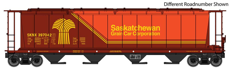 59' Cylindrical Hopper - Ready to Run -- Saskatchewan Grain Car Corporation SKNX #397064 (brown, orange, yellow)-1