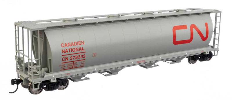 59' Cylindrical Hopper - Ready to Run -- Canadian National #378333 (gray, red; English & French name, round hatches)-1