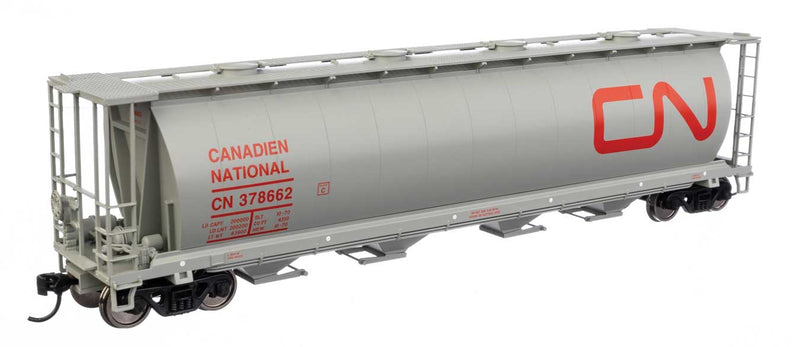 59' Cylindrical Hopper - Ready to Run -- Canadian National #378662 (gray, red; English & French name, round hatches)-1