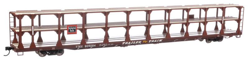 89' Flatcar w/Tri-Level Open Auto Rack - Ready to Run -- Chicago, Burlington & Quincy Rack Trailer-Train Flatcar TTKX #905094 (brown)-1