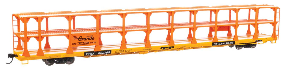 89' Flatcar w/Tri-Level Open Auto Rack - Ready to Run -- Denver & Rio Grande Western(TM) Rack Trailer-Train Flatcar TTKX #802765-1