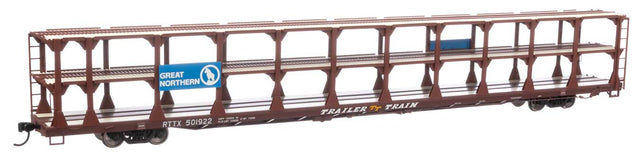 89' Flatcar w/Tri-Level Open Auto Rack - Ready to Run -- Great Northern Rack Trailer-Train Flatcar RTTX #501922 (brown)-1