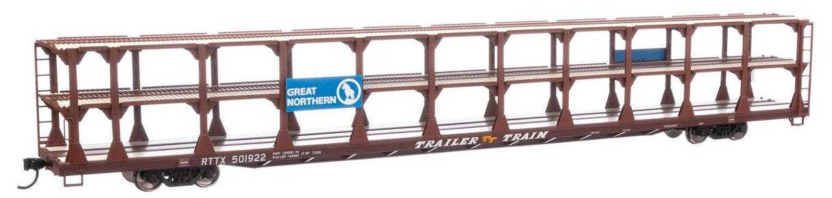 89' Flatcar w/Tri-Level Open Auto Rack - Ready to Run -- Great Northern Rack Trailer-Train Flatcar RTTX #501922 (brown)-2