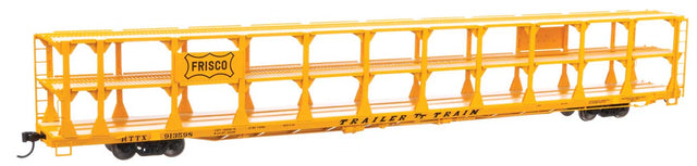 89' Flatcar w/Tri-Level Open Auto Rack - Ready to Run -- St. Louis - San Francisco Rack Trailer-Train Flatcar #913598 (yellow)-1