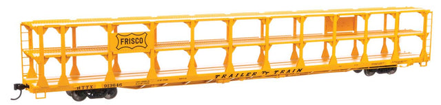 89' Flatcar w/Tri-Level Open Auto Rack - Ready to Run -- St. Louis - San Francisco Rack Trailer-Train Flatcar #913646 (yellow)-1