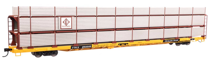 89' Flatcar w/Tri-Level Shielded Auto Rack - Ready to Run -- Erie Lackawanna #850205, TTKX Flatcar (yellow)-1