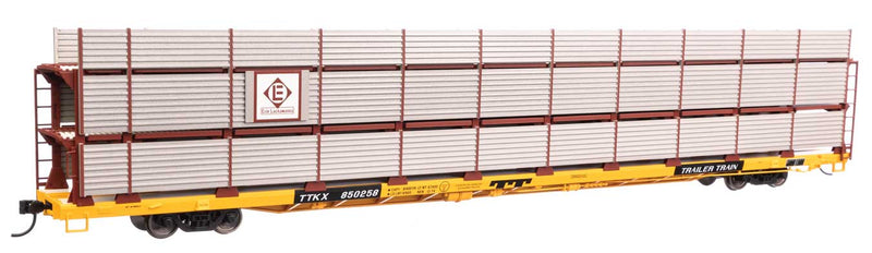 89' Flatcar w/Tri-Level Shielded Auto Rack - Ready to Run -- Erie Lackawanna #850258, TTKX Flatcar (yellow)-1