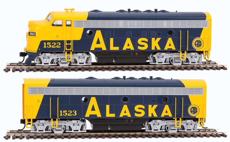EMD F7 A-B Set - Standard DC -- Alaska Railroad #1522, 1523 (blue, yellow; Billboard Alaska Lettering)_-1