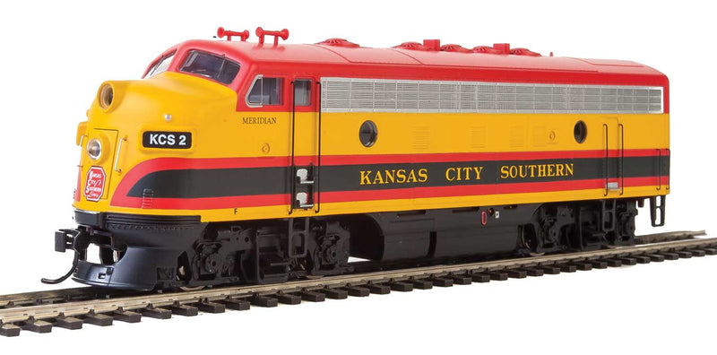EMD F7 A - Standard DC -- Kansas City Southern #2 Meridian (Belle: yellow, red, Brunswick)-1