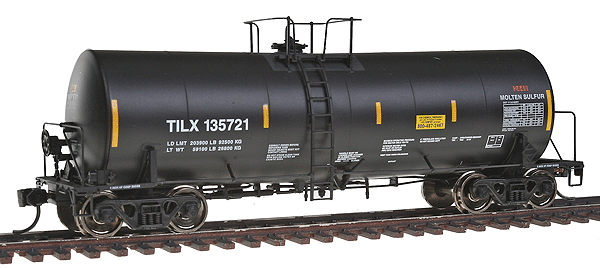 40' Trinity 14,000-Gallon Molten Sulfur Tank Car - Ready to Run -- Trinity Industries Leasing TILX #135721 (black, yellow Conspicuity Markings)