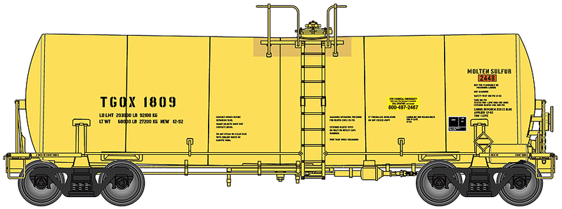 40' Trinity 14,000 Gallon Molten Sulfur Tank Car - Ready to Run -- First Union Rail TGOX #1809 (yellow, Sulfur Service)-1