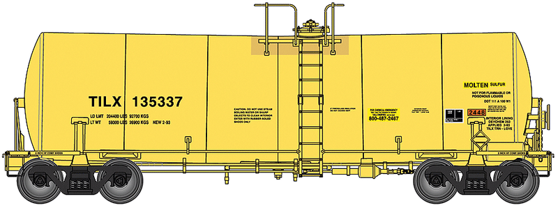 40' Trinity 14,000 Gallon Molten Sulfur Tank Car - Ready to Run -- Trinity Industries Leasing TILX #135337 (yellow, Sulfur Service)-1