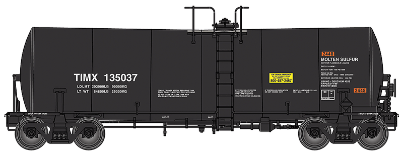 40' Trinity 14,000 Gallon Molten Sulfur Tank Car - Ready to Run -- Trinity Industries Leasing TIMX #135037 (black, Sulfur Service)-1