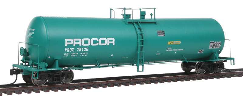 54' 23,000-Gallon Funnel-Flow Tank Car - Ready to Run -- Procor Ltd. PROX #75126 (green, white, Optimizer Logo)