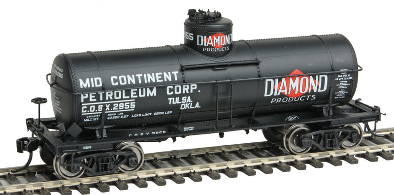32'6" Type 21 ACF 8,000-Gallon Tank Car - Ready to Run -- Mid Continent Petroleum COSX #2955 (black, red, Diamond Logo) With AB Brakes-1
