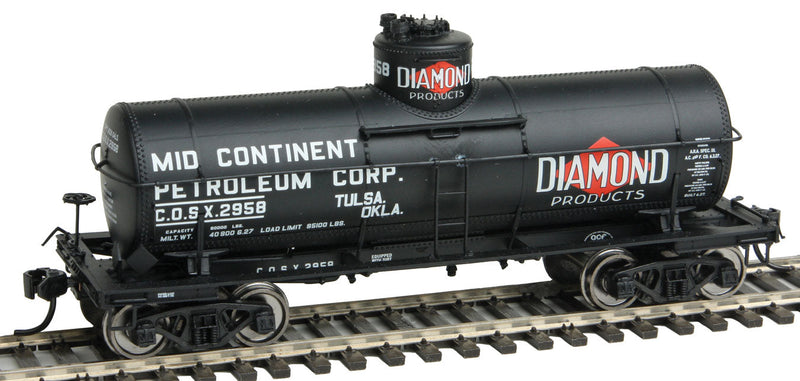 32'6" Type 21 ACF 8,000-Gallon Tank Car - Ready to Run -- Mid Continent Petroleum COSX #2958 (black, red, Diamond Logo) With AB Brakes-1