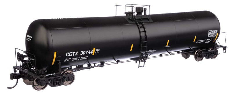 55' Trinity 30,145-Gallon Tank Car - Ready to Run -- Canadian General Transit CGTX #30744 (black, white, yellow conspicuity marks-1